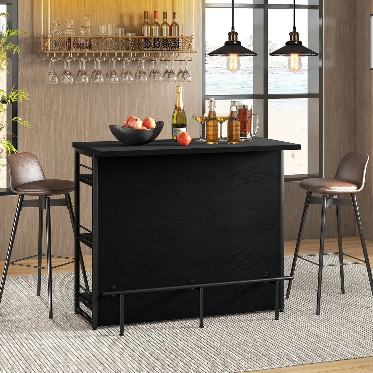 Kitchen Island with 4-Tier Storage Shelf and Long Footrest for Home