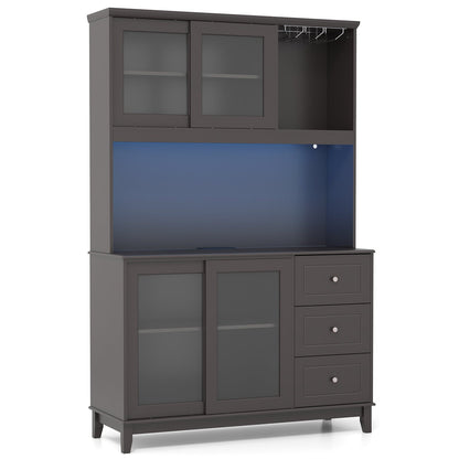 Kitchen Pantry Storage Cabinet Kitchen Hutch with LED lights and Power Outlet