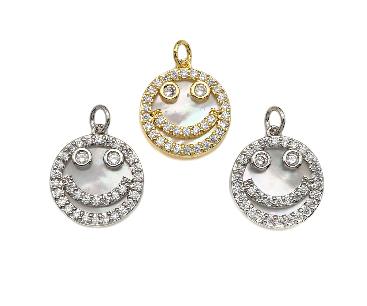 Mother-of-pearl Inlay Smiley Face Round Pendant/Charm, Cubic Zirconia Pendant Charm, MOP Charm, 18x16mm,Sku#L368