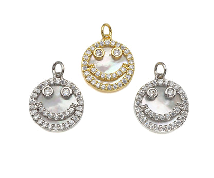 Mother-of-pearl Inlay Smiley Face Round Pendant/Charm, Cubic Zirconia Pendant Charm, MOP Charm, 18x16mm,Sku#L368