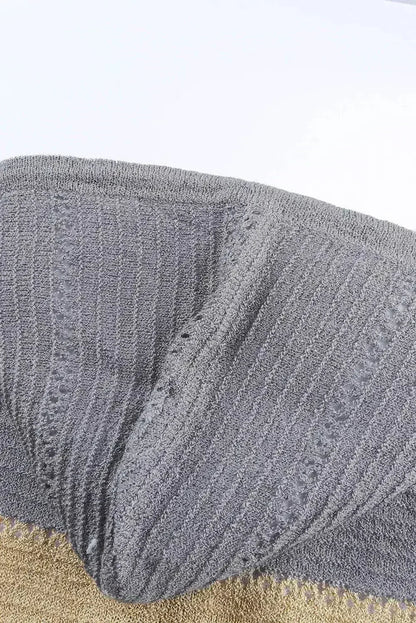 Womens Zipped Front Gray Colorblock Hollow-out Knit Hoodie