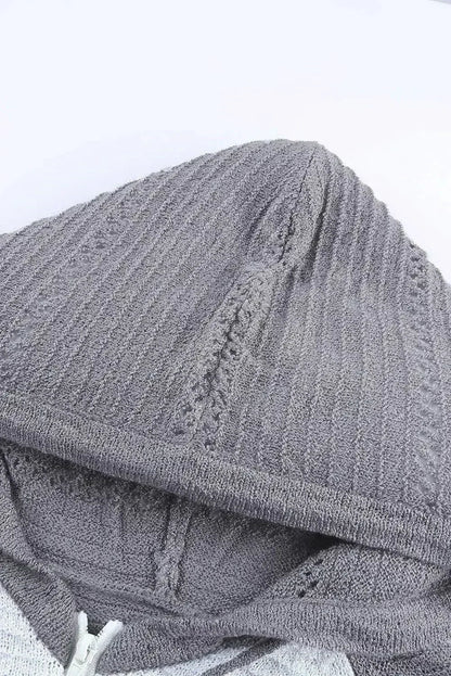 Womens Zipped Front Gray Colorblock Hollow-out Knit Hoodie