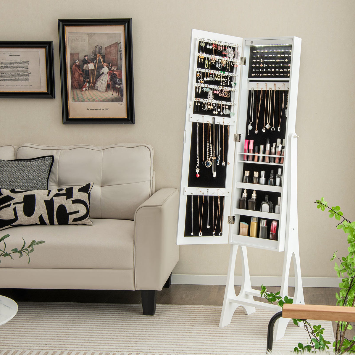 LED Jewelry Cabinet Armoire Organizer with Bevel Edge Mirror
