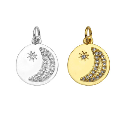 Dainty Shiny Gold Moon Star Round Coin Charms, Dainty Charms, Godl Coin Charm, Gold Pendant, 12x14mm, Sku#LK118