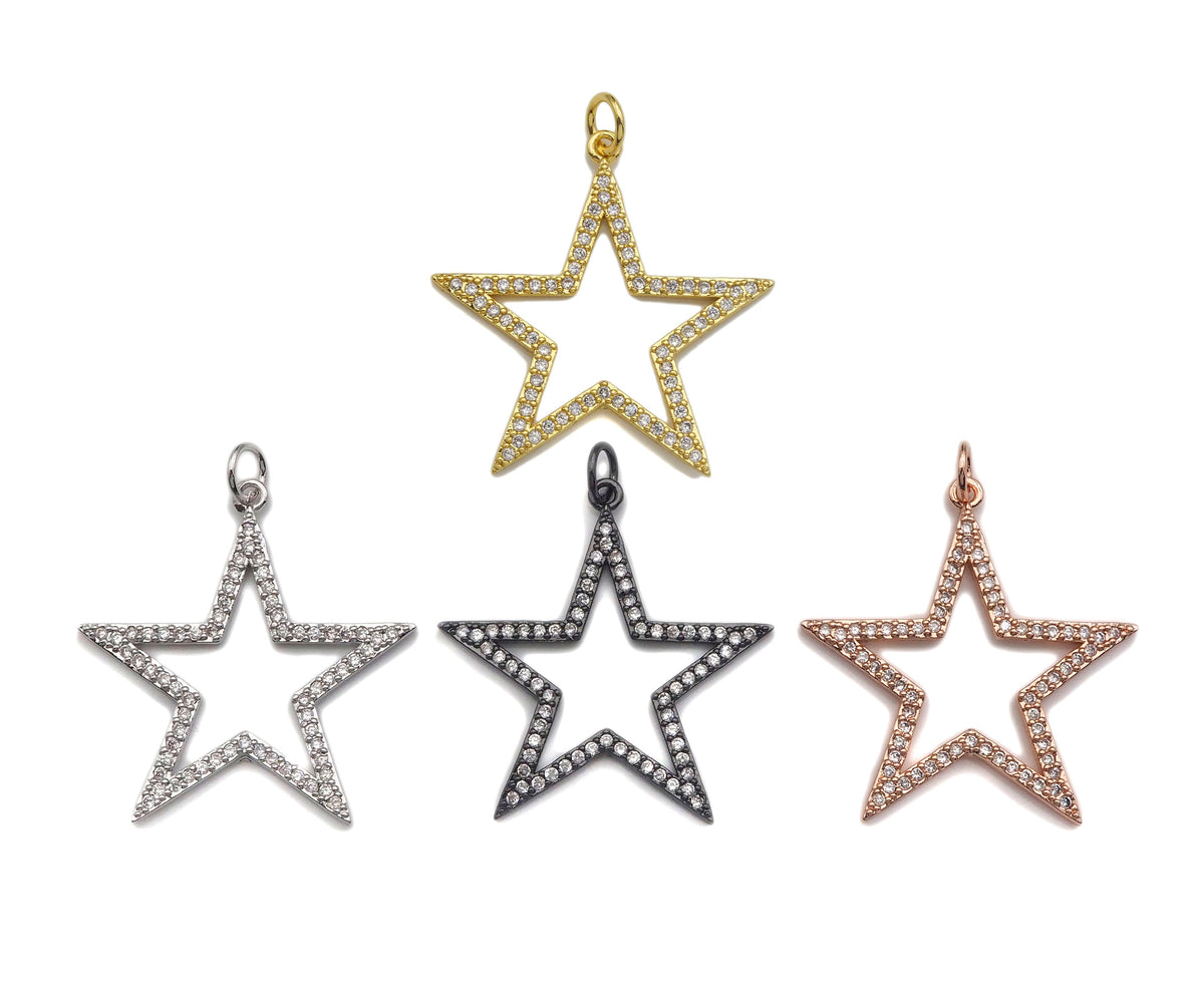 Gold Five Point Star Shape Pendant,  Frame Star Charm, Pave Star Pendant, Gold plated, 27mm, Sku#LK81