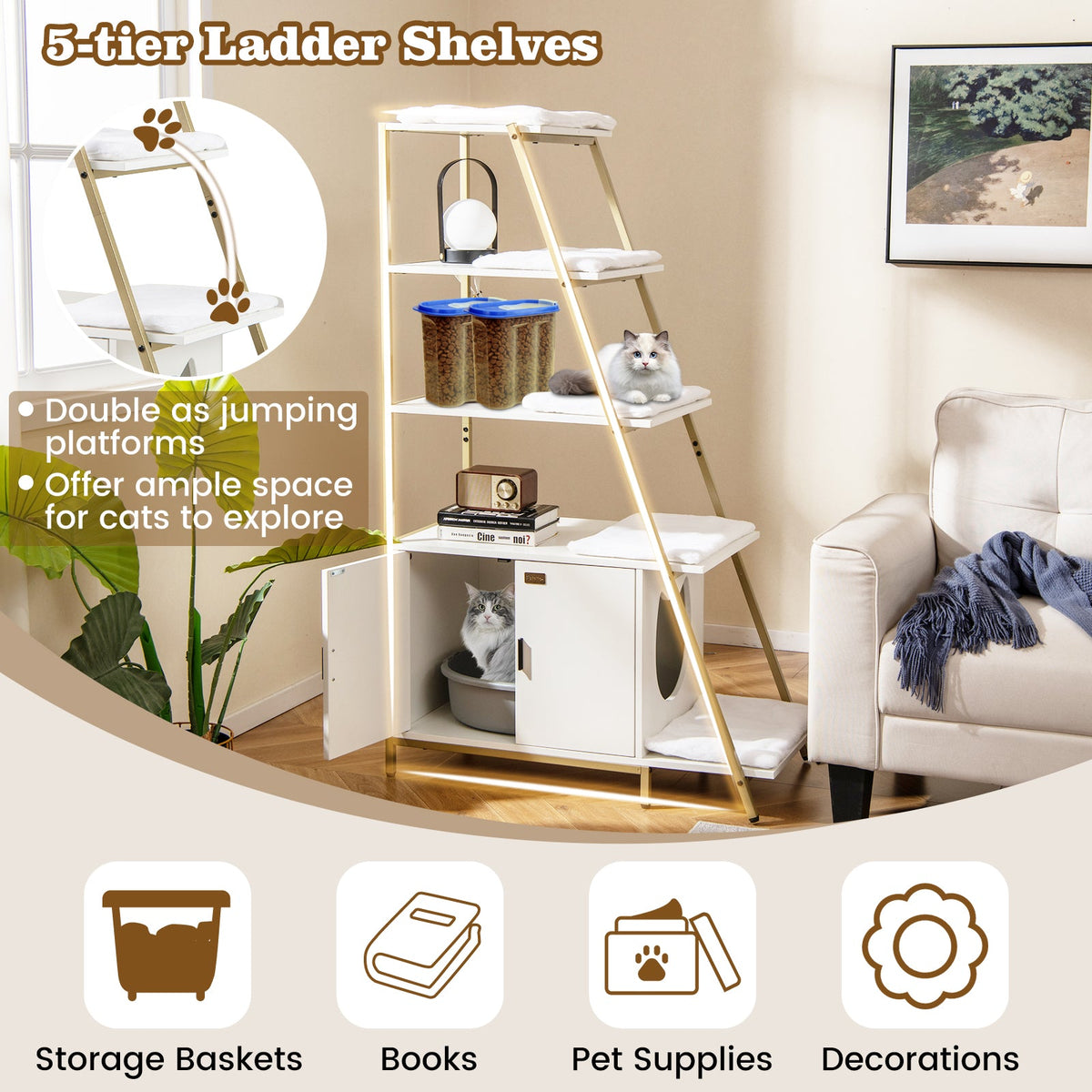 Large Cat Litter Box Enclosure with Storage and Ladder Shelf-White