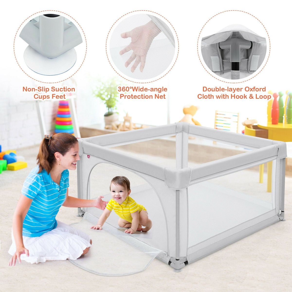 Large Safety Play Center Yard with 50 Balls for Baby Infant-Gray