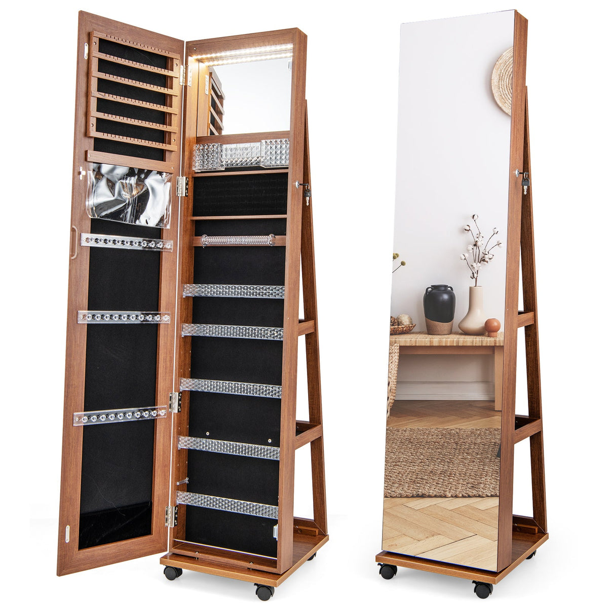 64 Inches Lockable Jewelry Cabinet Armoire with Built-in Makeup Mirror