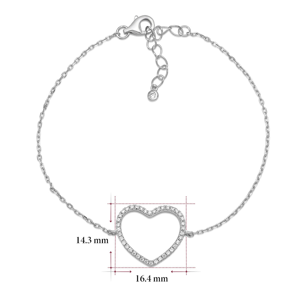 Sterling Silver Bracelet for Girls Large Open Heart with Simulated Diamonds 7.5"