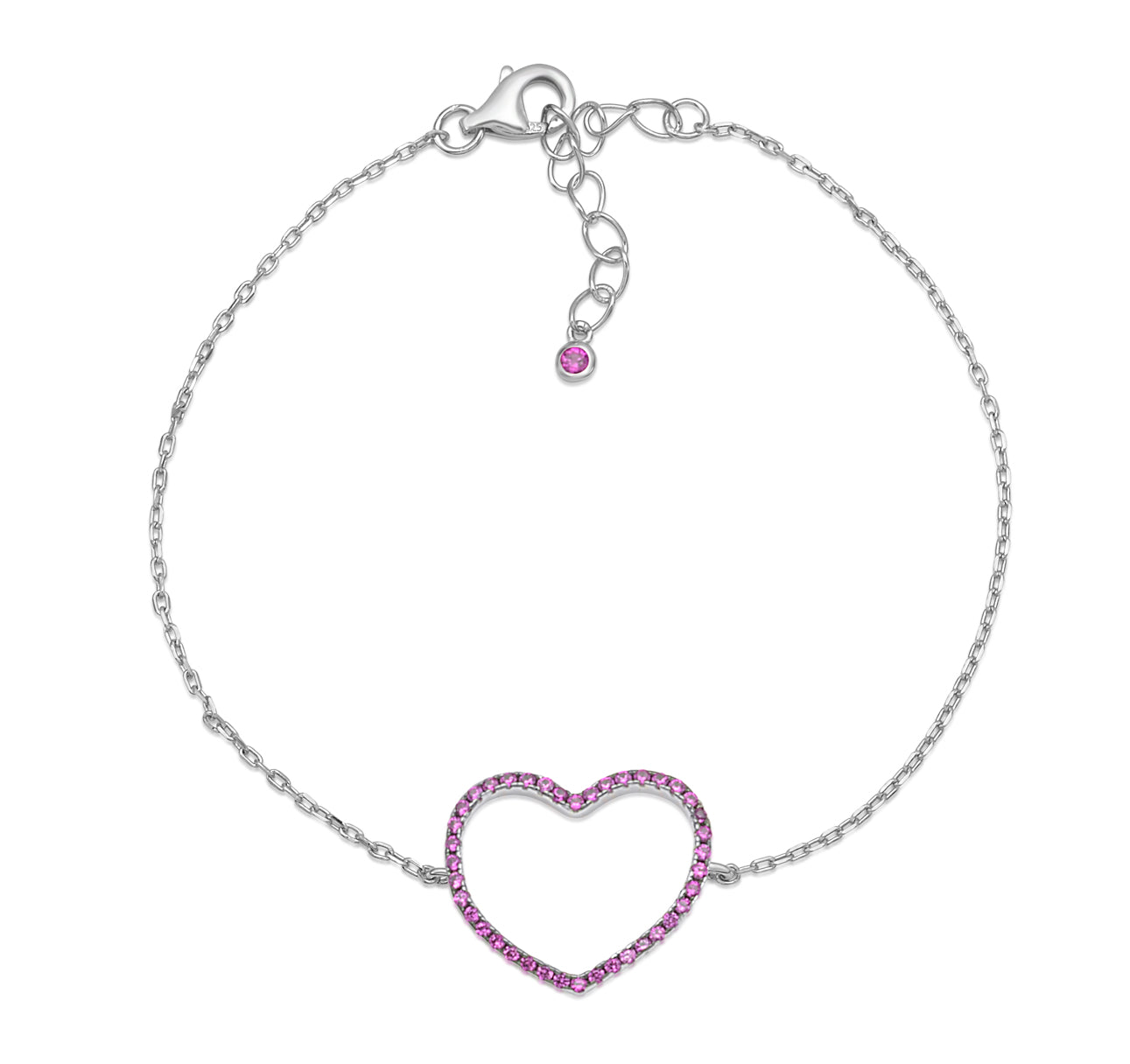 Sterling Silver Bracelet for Girls Large Open Heart with Simulated Diamonds 7.5"