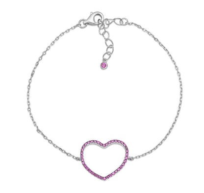 Sterling Silver Bracelet for Girls Large Open Heart with Simulated Diamonds 7.5"