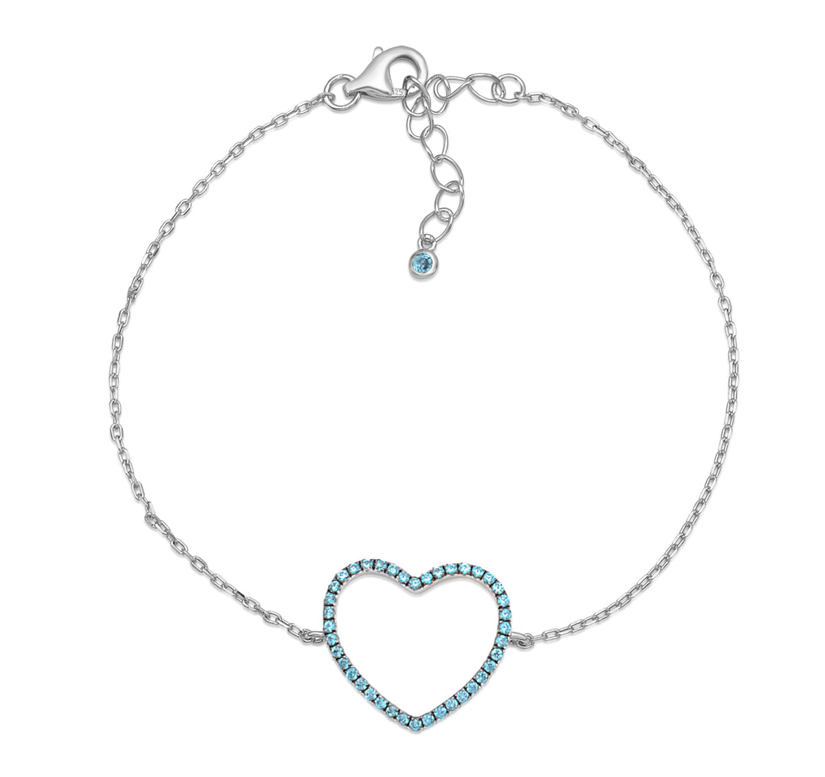 Sterling Silver Bracelet for Girls Large Open Heart with Simulated Diamonds 7.5"