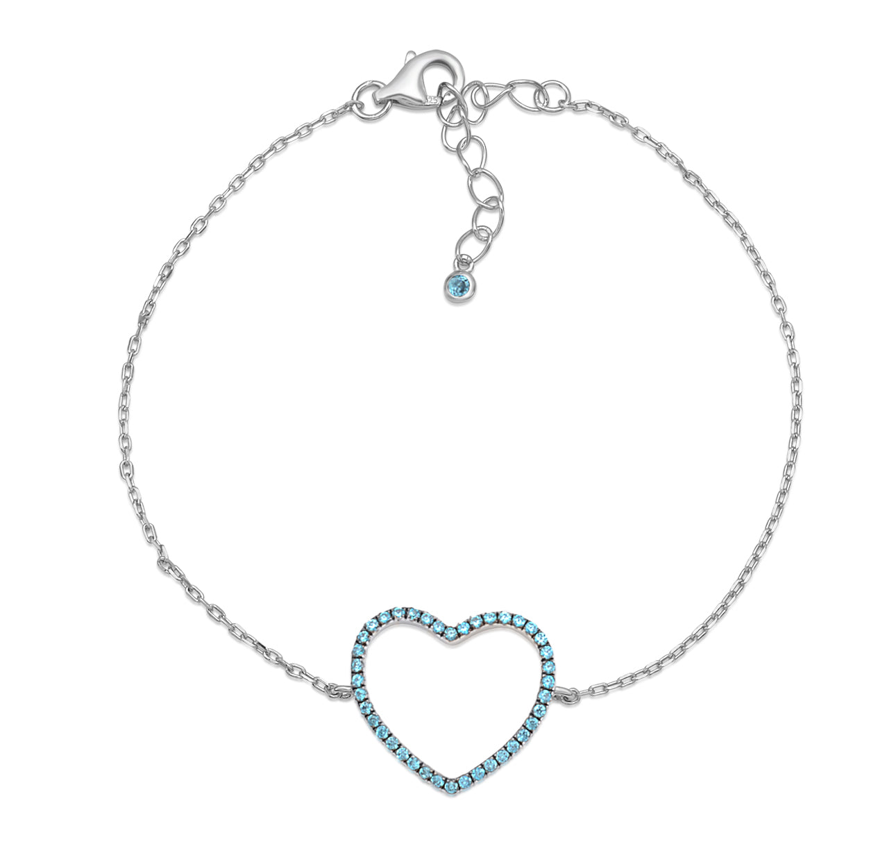 Sterling Silver Bracelet for Girls Large Open Heart with Simulated Diamonds 7.5"