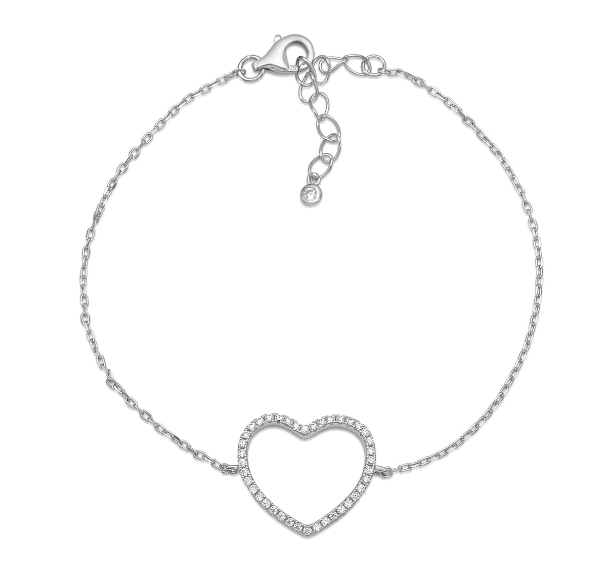 Sterling Silver Bracelet for Girls Large Open Heart with Simulated Diamonds 7.5"