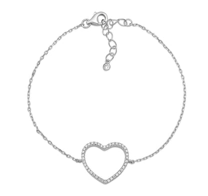 Sterling Silver Bracelet for Girls Large Open Heart with Simulated Diamonds 7.5"