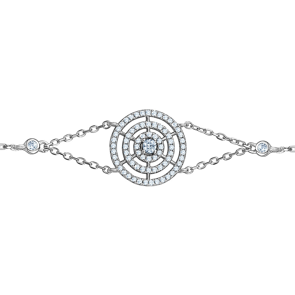 Sterling Silver Bracelet Triple Circle of Life Simulated Diamonds Double Chain 7.5"