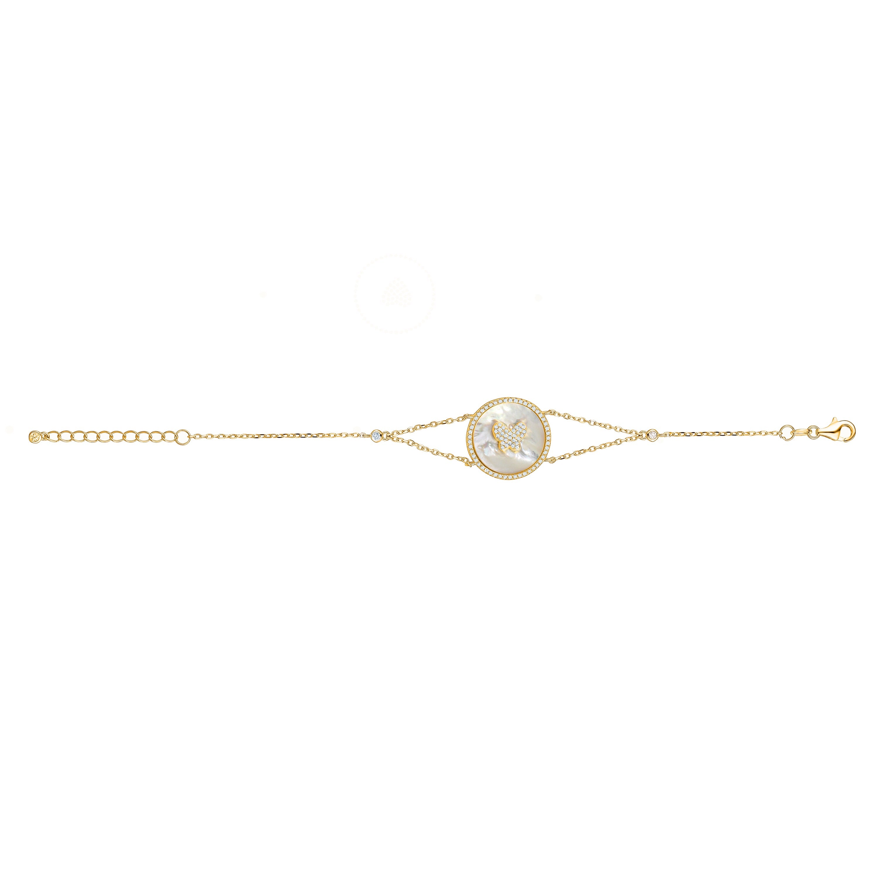 Sterling Silver Bracelet Butterfly in Circle Disc Mother of Pearl Simulated Diamonds Double Chain 7.5"