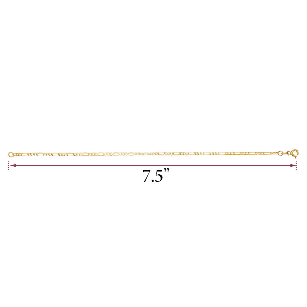 14K Solid Gold Figaro Link Chain Bracelet for Men | 3+1 Links | 2mm Width | 7.5" Length | Made in Italy