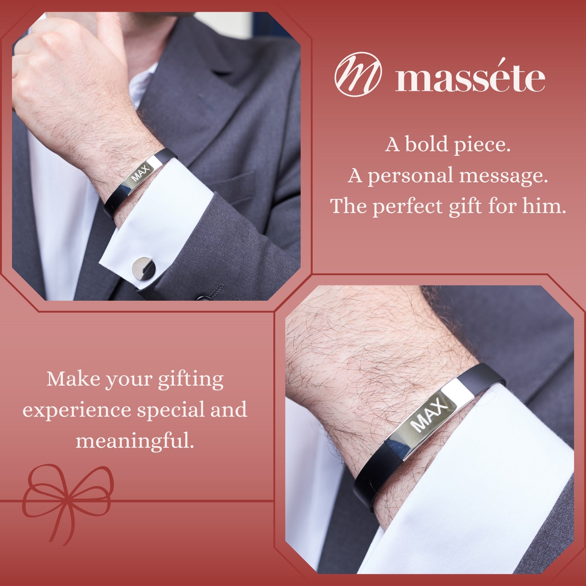 Sterling Silver 925 Engravable Bracelet Mens ID Bar Bracelet with Black Rubber Band 8 inches