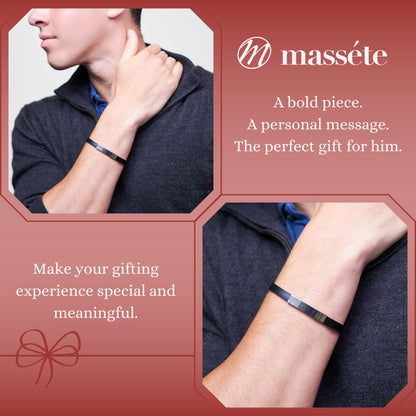 Sterling Silver 925 Engravable Bracelet Mens ID Bar Bracelet with Rubber Band 7.25"