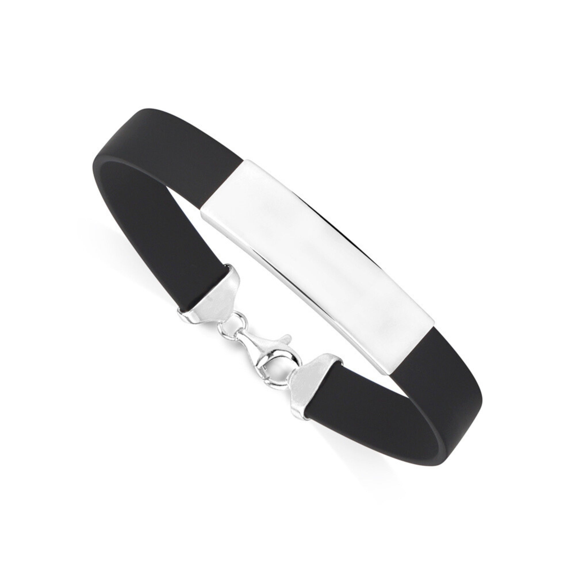 Sterling Silver 925 Engravable Bracelet Mens ID Bar Bracelet with Rubber Band 7.25"