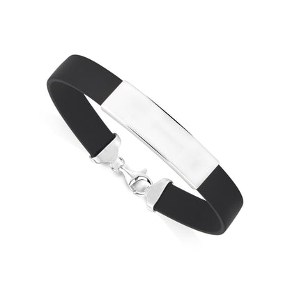 Sterling Silver 925 Engravable Bracelet Mens ID Bar Bracelet with Rubber Band 7.25"