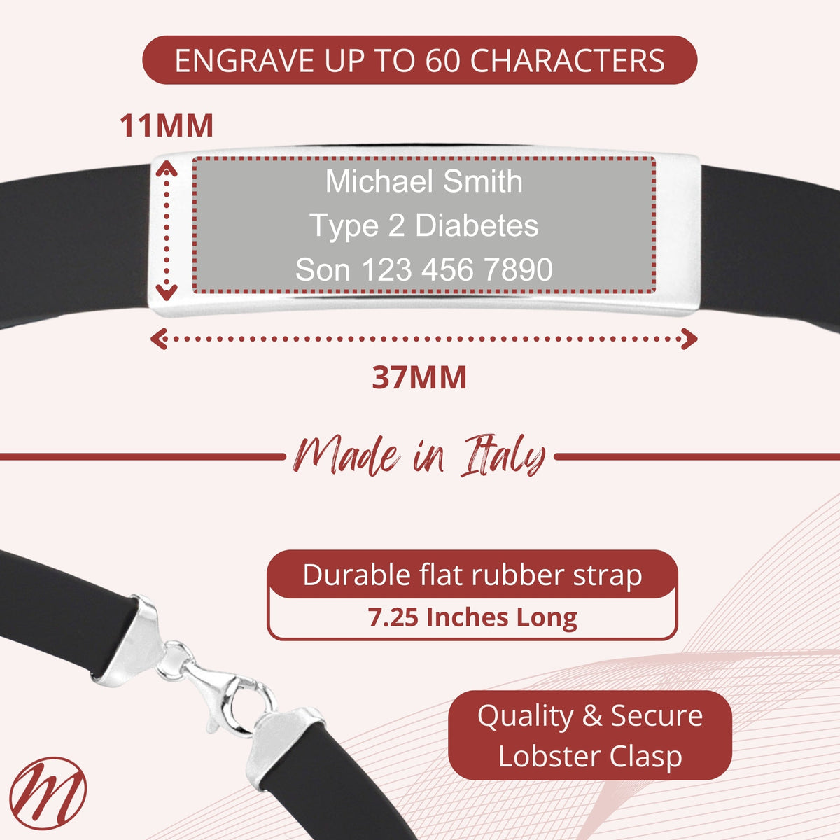 Sterling Silver 925 Engravable Bracelet Mens ID Bar Bracelet with Rubber Band 7.25"