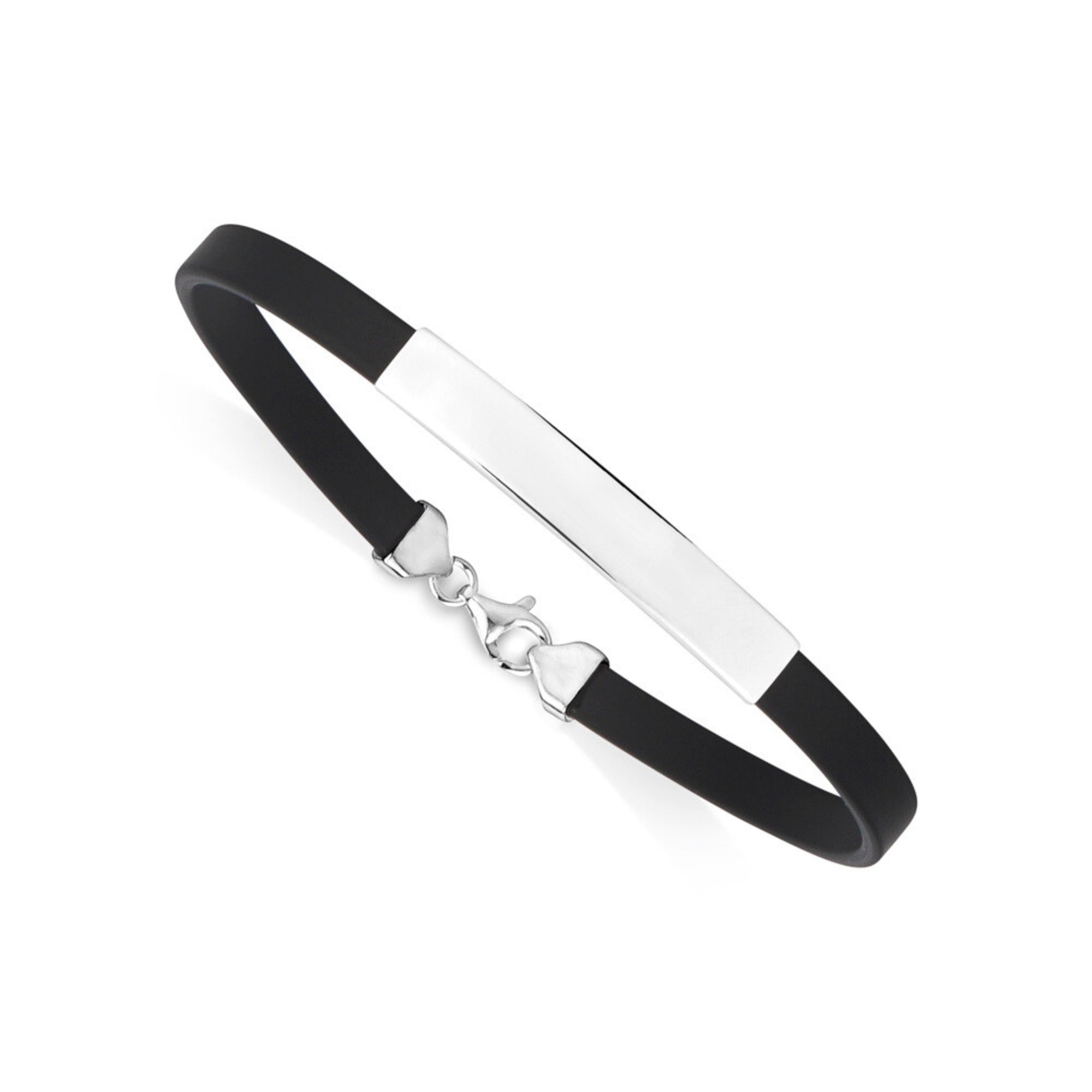 Sterling Silver 925 Engravable Bracelet Mens ID Bar Bracelet with Rubber Band 7.25"