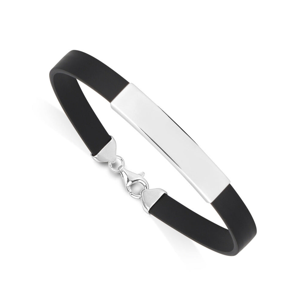 Sterling Silver 925 Engravable Bracelet Mens ID Bar Bracelet with Rubber Band 7.25"