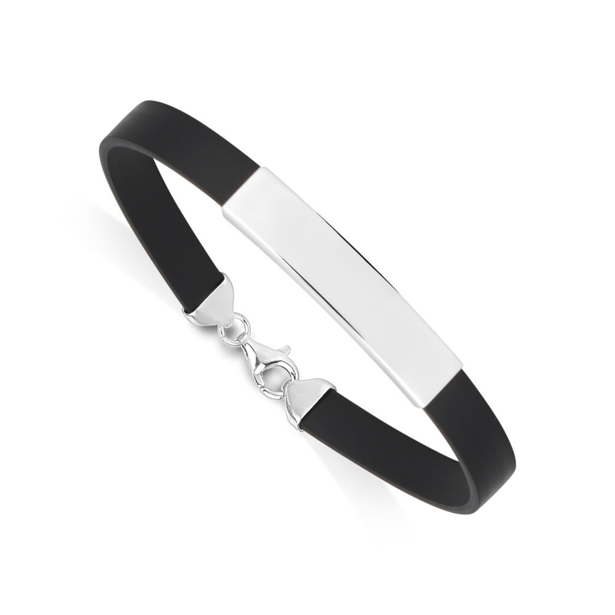 Sterling Silver 925 Engravable Bracelet Mens ID Bar Bracelet with Rubber Band 7.25"