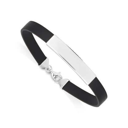 Sterling Silver 925 Engravable Bracelet Mens ID Bar Bracelet with Rubber Band 7.25"