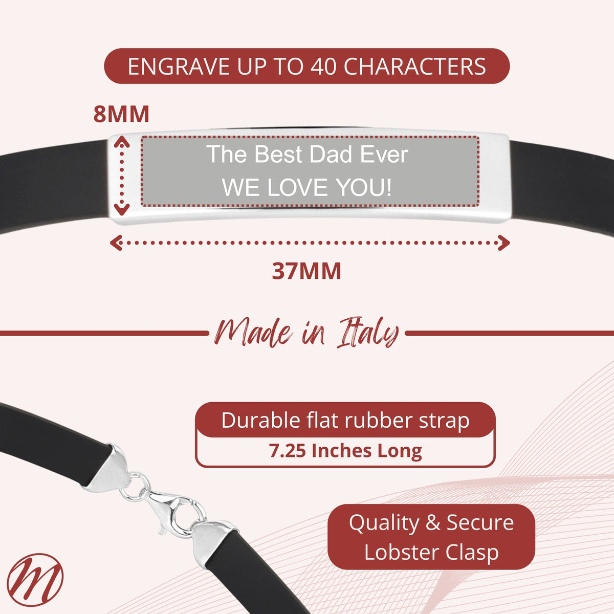 Sterling Silver 925 Engravable Bracelet Mens ID Bar Bracelet with Rubber Band 7.25"