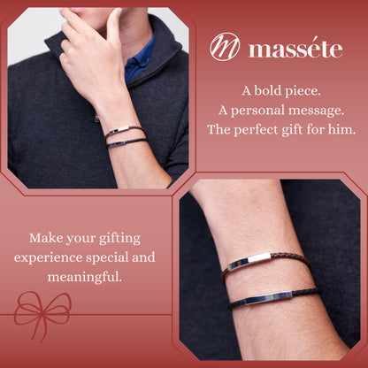 Sterling Silver 925 Men's ID Bracelet - Round Braided Eco-Friendly Synthetic Leather Band - Engravable