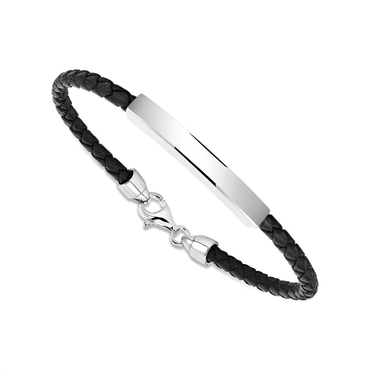 Sterling Silver 925 Men's ID Bracelet - Round Braided Eco-Friendly Synthetic Leather Band - Engravable