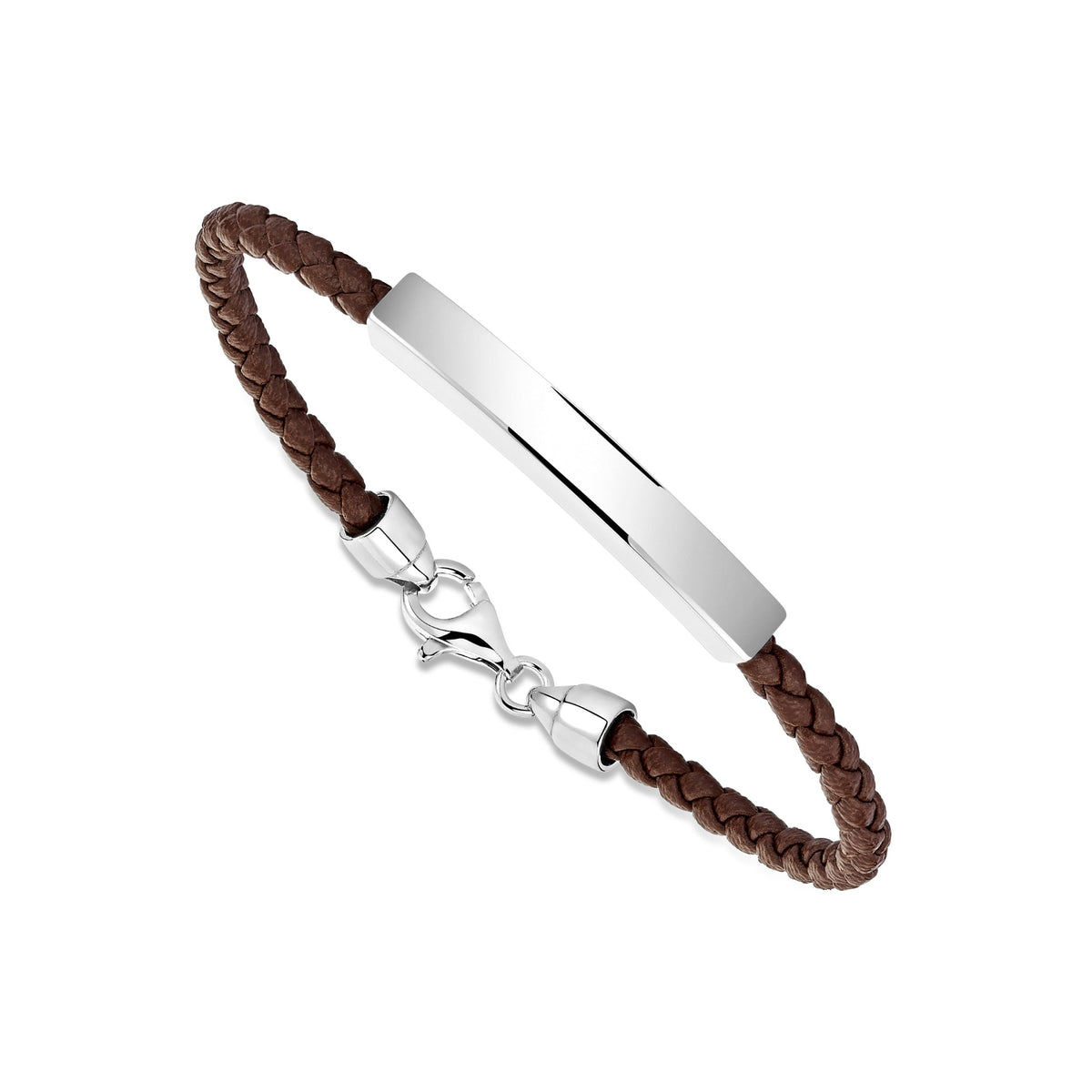 Sterling Silver 925 Men's ID Bracelet - Round Braided Eco-Friendly Synthetic Leather Band - Engravable