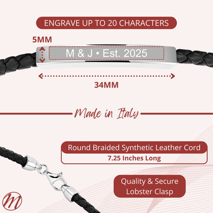 Sterling Silver 925 Men's ID Bracelet - Round Braided Eco-Friendly Synthetic Leather Band - Engravable