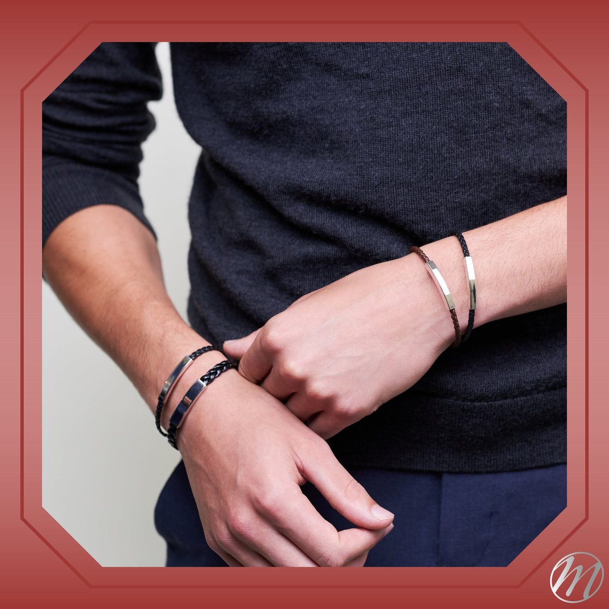 Sterling Silver 925 Men's ID Bracelet - Flat Braided Eco-Friendly Synthetic Leather Band - Engravable