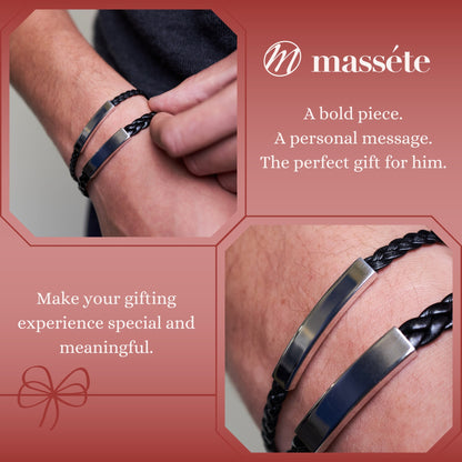 Sterling Silver 925 Men's ID Bracelet - Flat Braided Eco-Friendly Synthetic Leather Band - Engravable