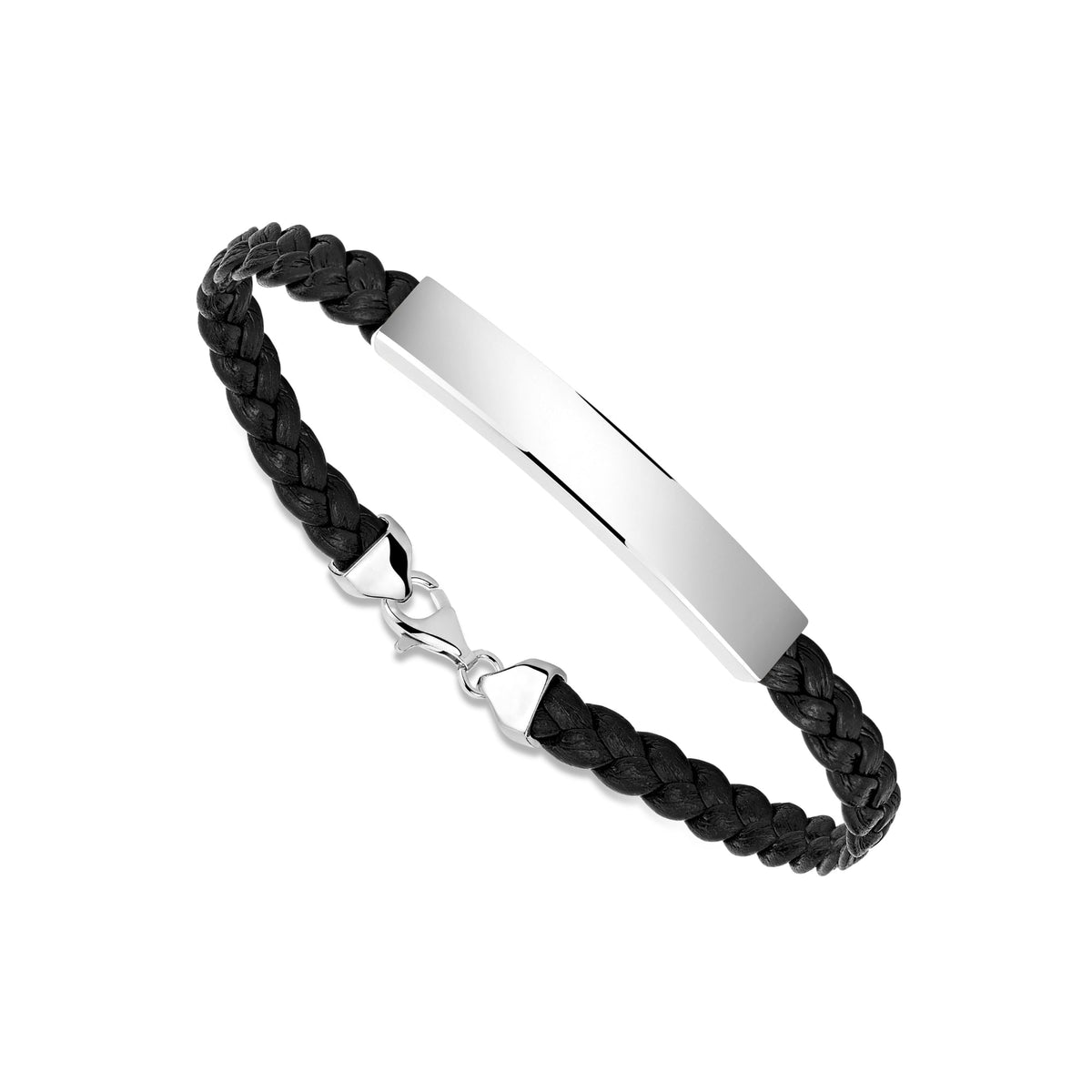 Sterling Silver 925 Men's ID Bracelet - Flat Braided Eco-Friendly Synthetic Leather Band - Engravable