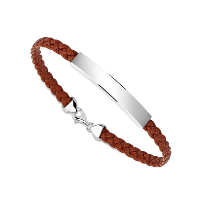 Sterling Silver 925 Men's ID Bracelet - Flat Braided Eco-Friendly Synthetic Leather Band - Engravable