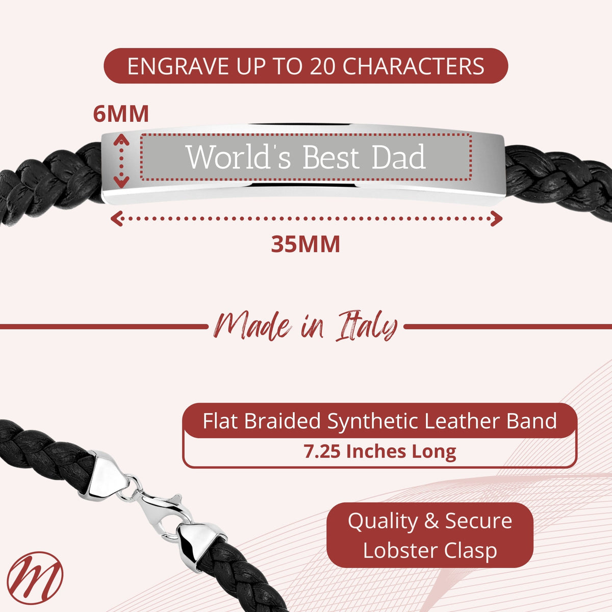 Sterling Silver 925 Men's ID Bracelet - Flat Braided Eco-Friendly Synthetic Leather Band - Engravable