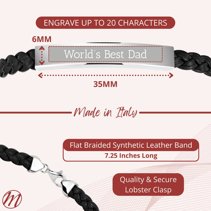 Sterling Silver 925 Men's ID Bracelet - Flat Braided Eco-Friendly Synthetic Leather Band - Engravable