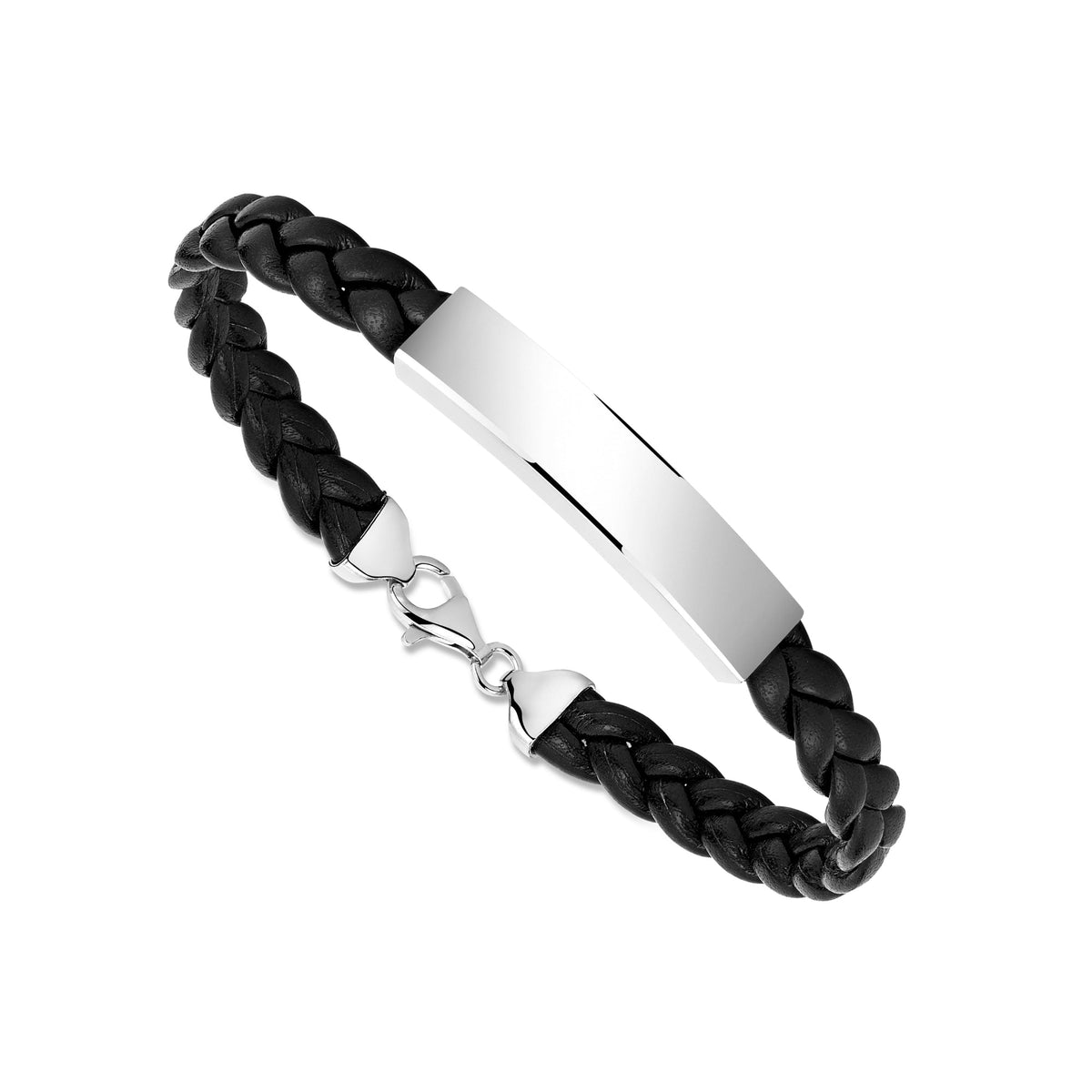 Sterling Silver 925 Men's ID Bracelet - Flat Braided Eco-Friendly Synthetic Leather Band - Engravable
