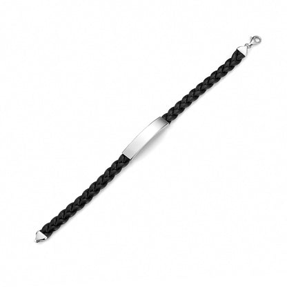 Sterling Silver 925 Men's ID Bracelet - Flat Braided Eco-Friendly Synthetic Leather Band - Engravable