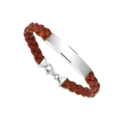 Sterling Silver 925 Men's ID Bracelet - Flat Braided Eco-Friendly Synthetic Leather Band - Engravable