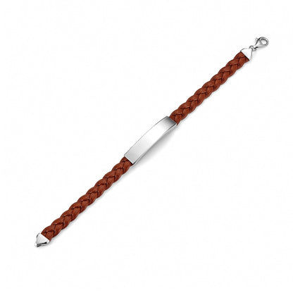 Sterling Silver 925 Men's ID Bracelet - Flat Braided Eco-Friendly Synthetic Leather Band - Engravable