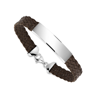 Sterling Silver 925 Men's ID Bracelet - 6-Strand Flat Braided Eco-Friendly Synthetic Leather Band - Engravable