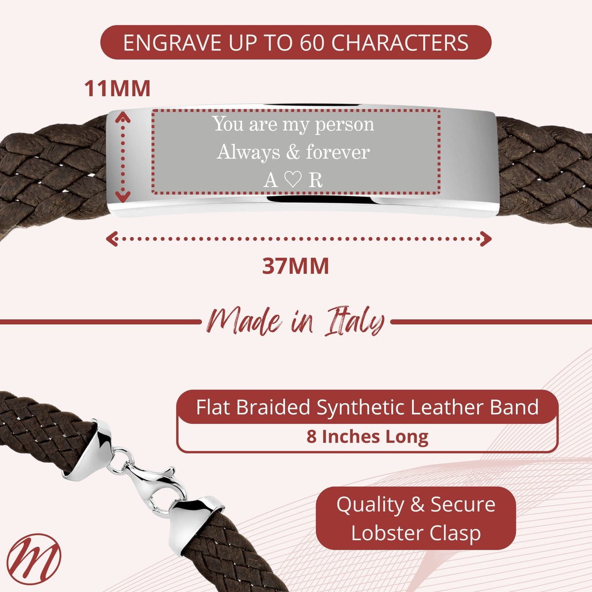 Sterling Silver 925 Men's ID Bracelet - 6-Strand Flat Braided Eco-Friendly Synthetic Leather Band - Engravable