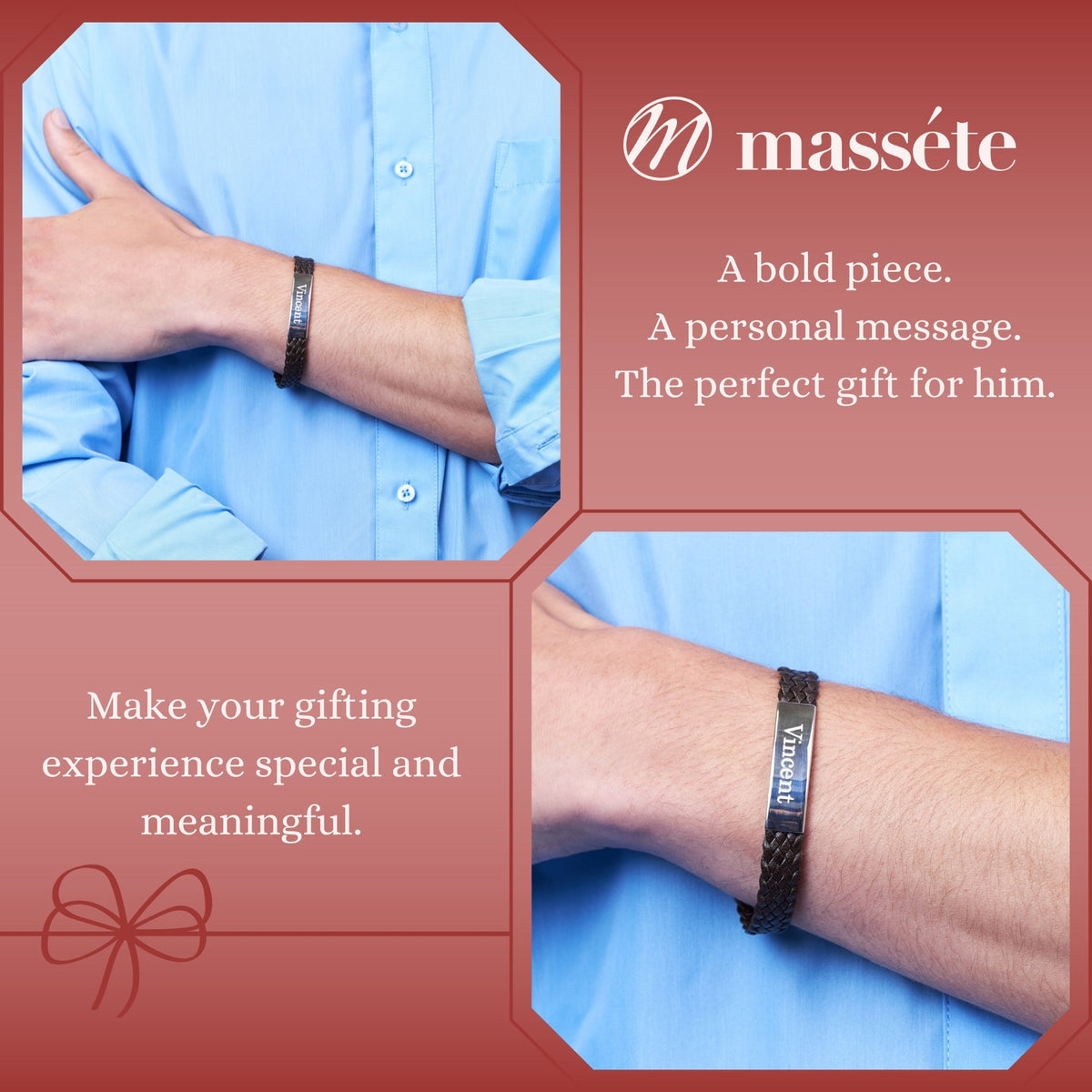 Sterling Silver 925 Men's ID Bracelet - 6-Strand Flat Braided Eco-Friendly Synthetic Leather Band - Engravable