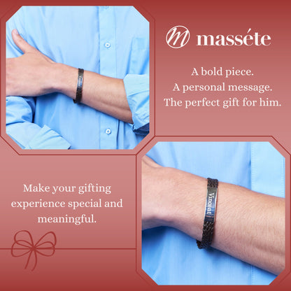 Sterling Silver 925 Men's ID Bracelet - 6-Strand Flat Braided Eco-Friendly Synthetic Leather Band - Engravable